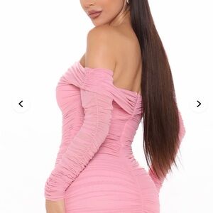 Fashion Nova Pink Off-Shoulder Ruched Long Sleeve Dress